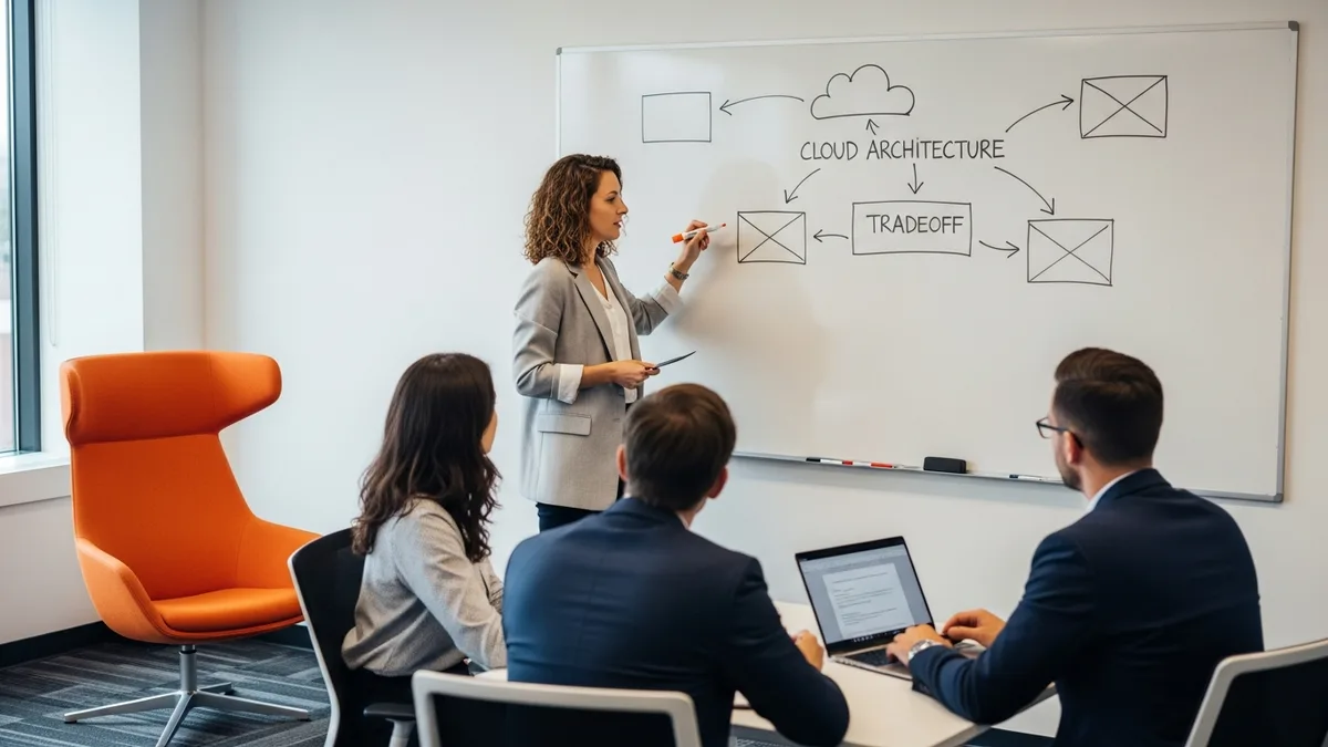 Candidate sketching an AWS Well-Architected Framework tradeoff diagram on a whiteboard during a technical interview panel