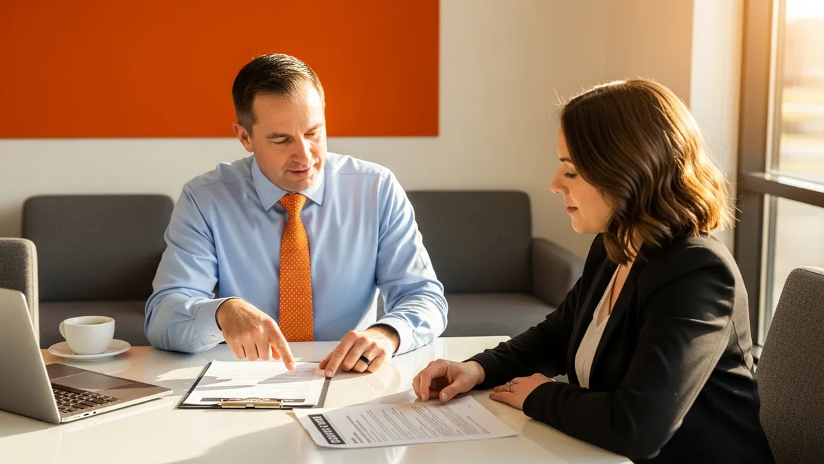 KORE1 recruiter and hiring manager reviewing an AWS certification and offer details at a conference table