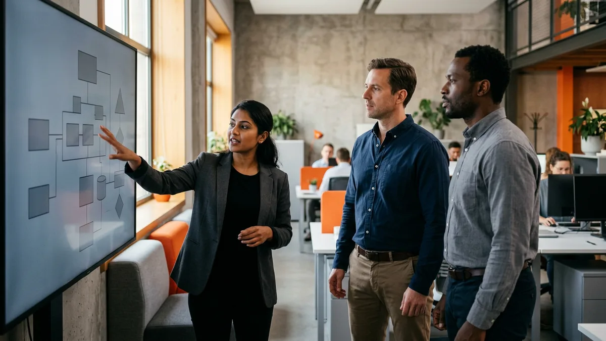 AWS solutions architect presenting a multi-account AWS architecture diagram to two colleagues in a modern office