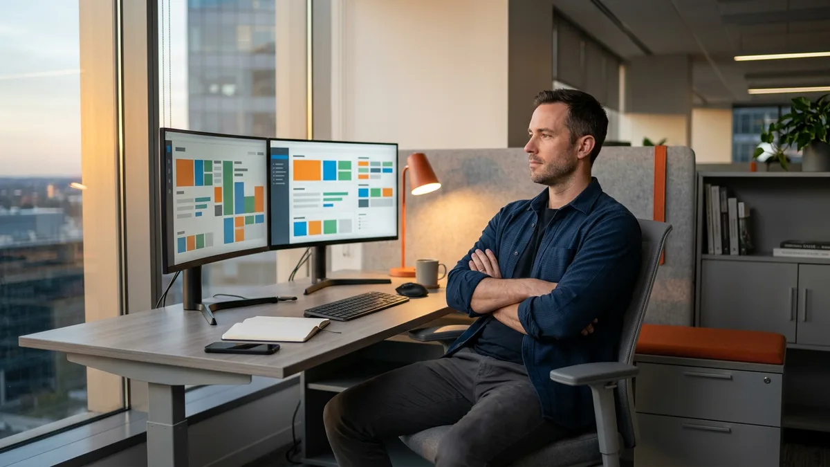 AWS solutions architect reviewing cloud cost and workload dashboards at a two-monitor workstation