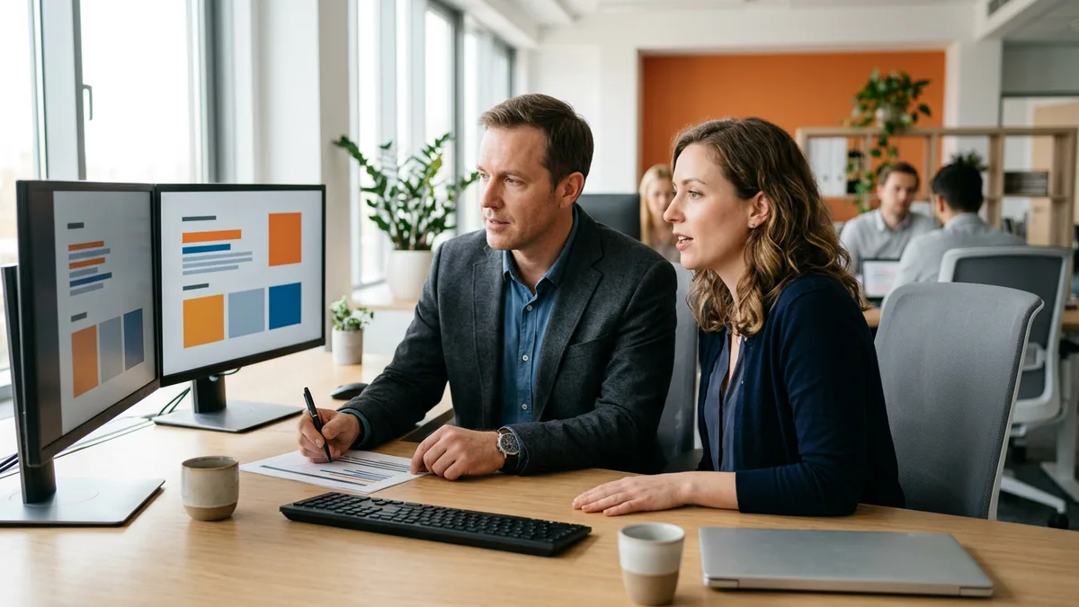 Hiring manager and recruiter comparing AWS solutions architect salary benchmark data on dual monitors