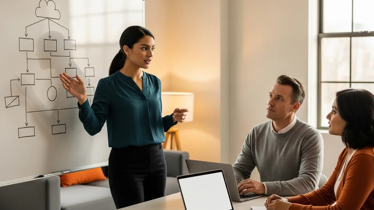 An AWS solutions architect candidate sketching a cloud architecture diagram on a whiteboard during a technical interview