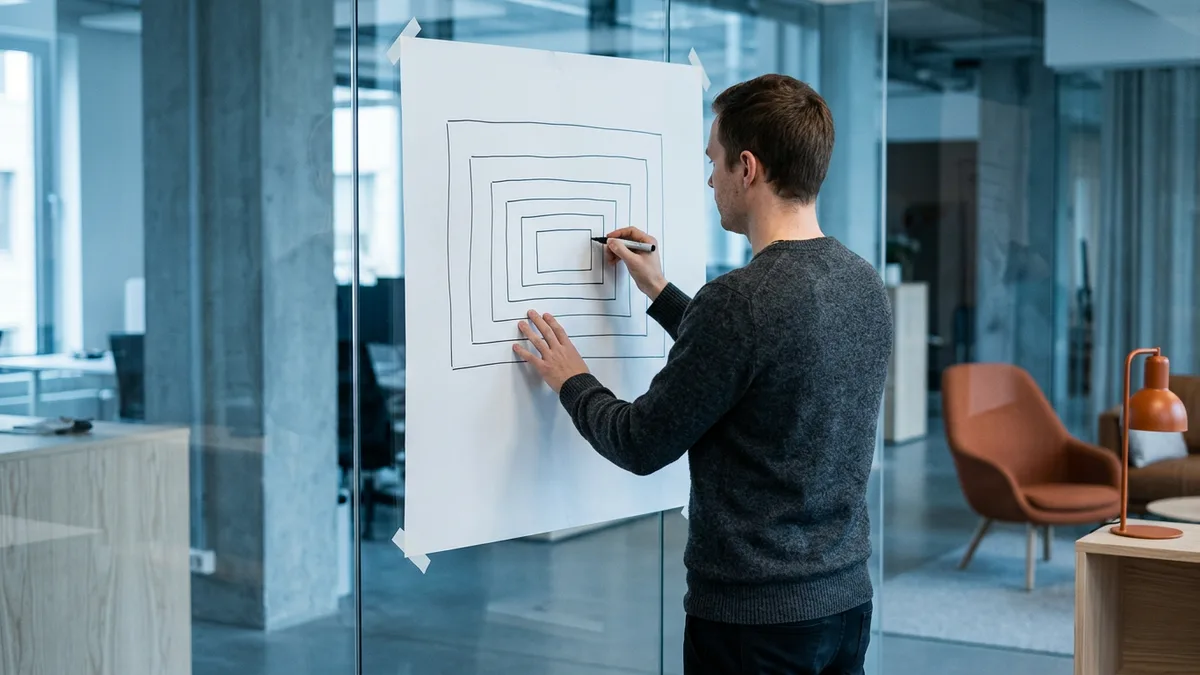 Azure cloud engineer marking a hand-drawn nested scope diagram taped to a glass office wall