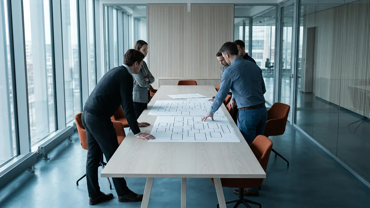 Cross-functional cloud team reviewing printed Azure subscription and resource group layouts in a meeting room