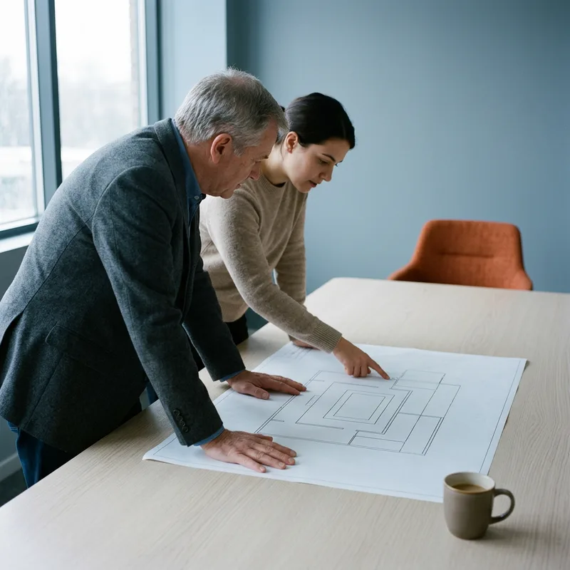 Two colleagues reviewing a printed Azure landing zone diagram of nested scopes on a conference table