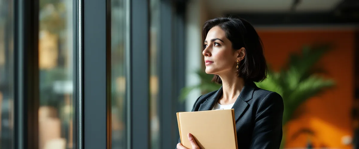 HR leader holding a candidate screening file beside an office window before an adverse action decision