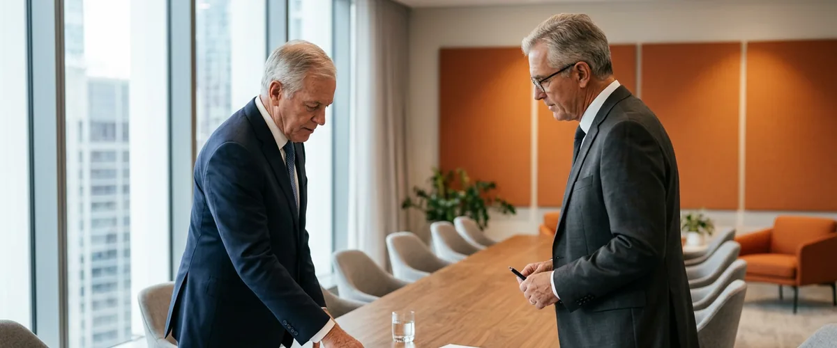 Two senior executives reviewing a security program in a modern boardroom, illustrating fractional CISO leadership