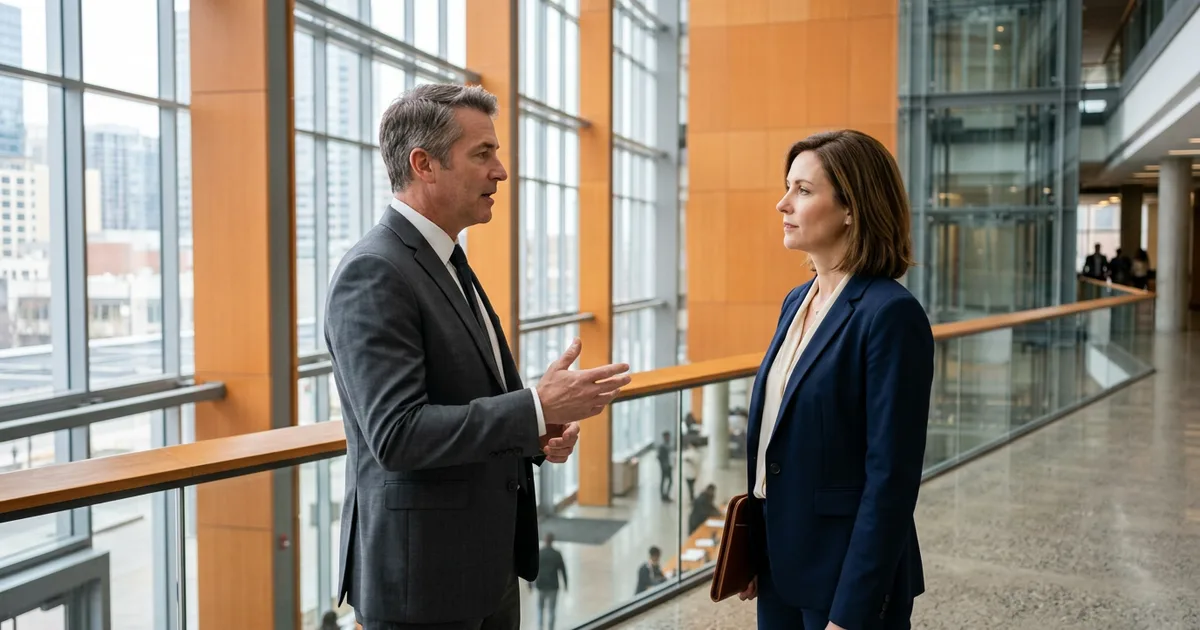 Two business executives discussing an IT consulting engagement in a modern office atrium, illustrating how buyers compare the best IT consulting firms in 2026.