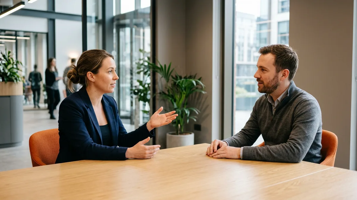 Hiring manager and recruiter comparing a BI analyst req against a data analyst req across a conference table