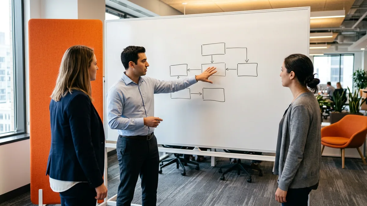 Analytics lead mapping metric ownership on a whiteboard while two team members review the reporting layer