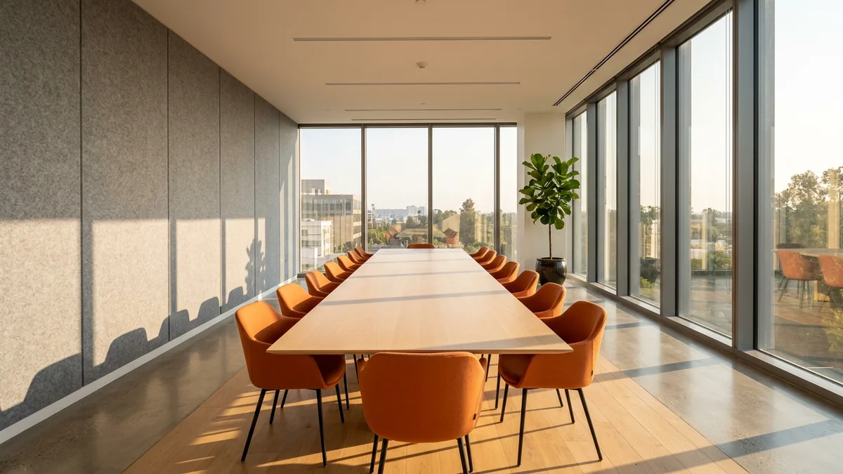 Empty conference room set for a hiring calibration meeting on a business intelligence analyst search