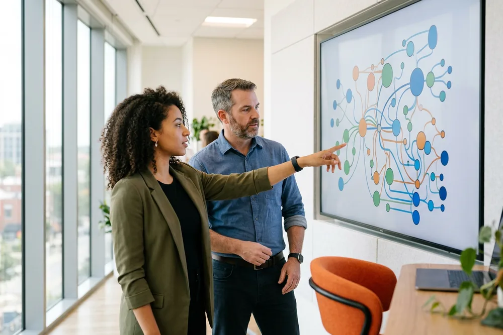 Two data engineers reviewing a distributed data architecture diagram on a wall display