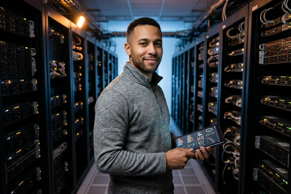 Big data engineer reviewing streaming pipeline metrics on a tablet in a data center server aisle, KORE1 big data engineer staffing