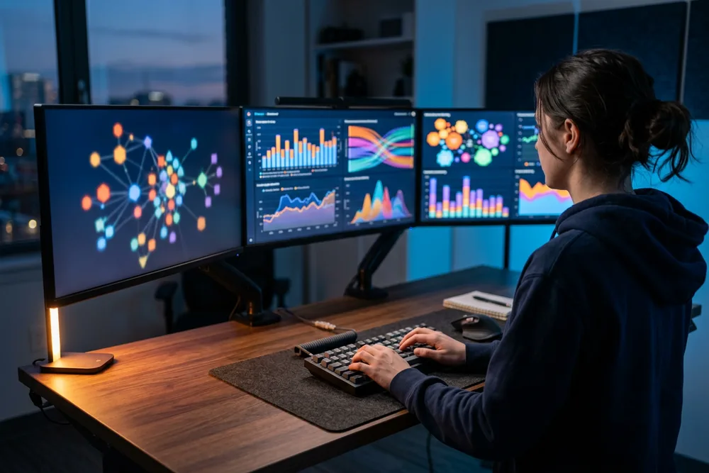 Data engineer monitoring Spark and Kafka cluster dashboards across three widescreen monitors