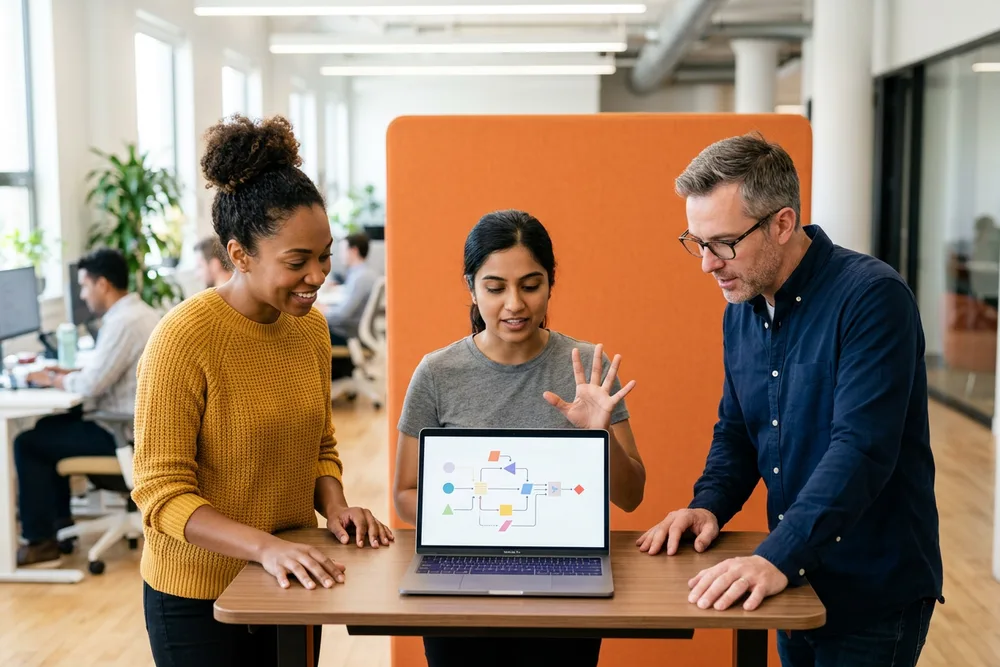 Big data engineering team reviewing a pipeline architecture diagram together on a laptop