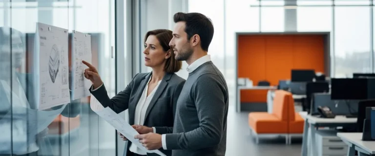 Two automotive engineers reviewing vehicle development drawings, illustrating what the BMW layoffs 2026 mean for engineering talent