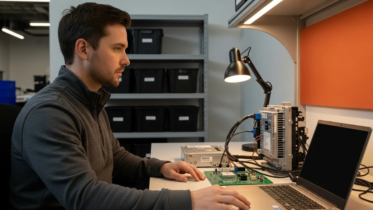 Automotive embedded systems engineer testing an electronic control unit at a US supplier technical center in 2026