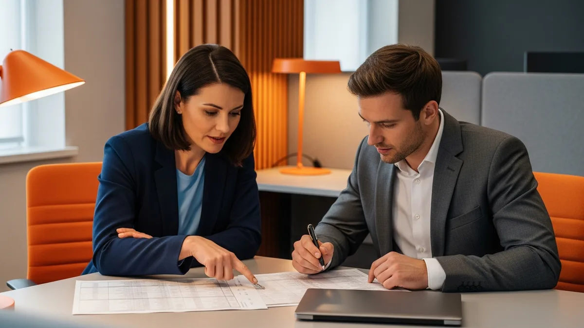 HR director and finance manager reviewing headcount planning spreadsheets together at a desk