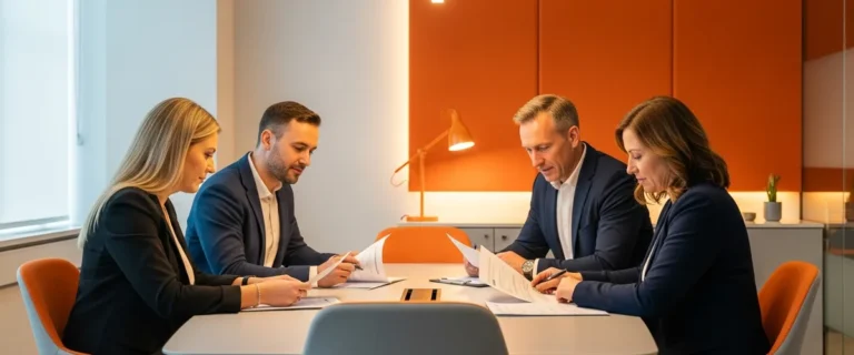 Business leaders reviewing printed workforce planning documents around a conference table with one empty chair