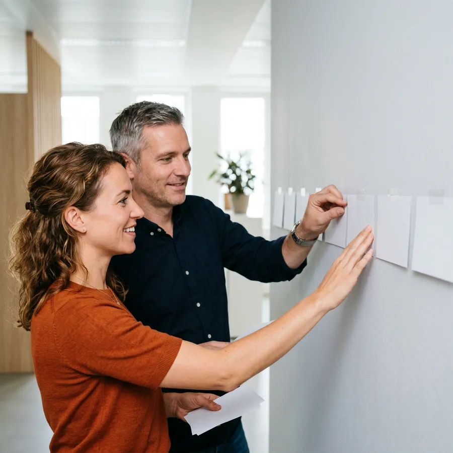 A KORE1 recruiter and a hiring manager arranging blank cards in a row while rewriting a Boomi developer job description
