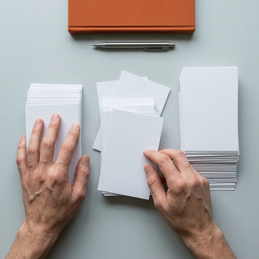 Hands sorting blank index cards into three separate stacks of different heights on a grey work table