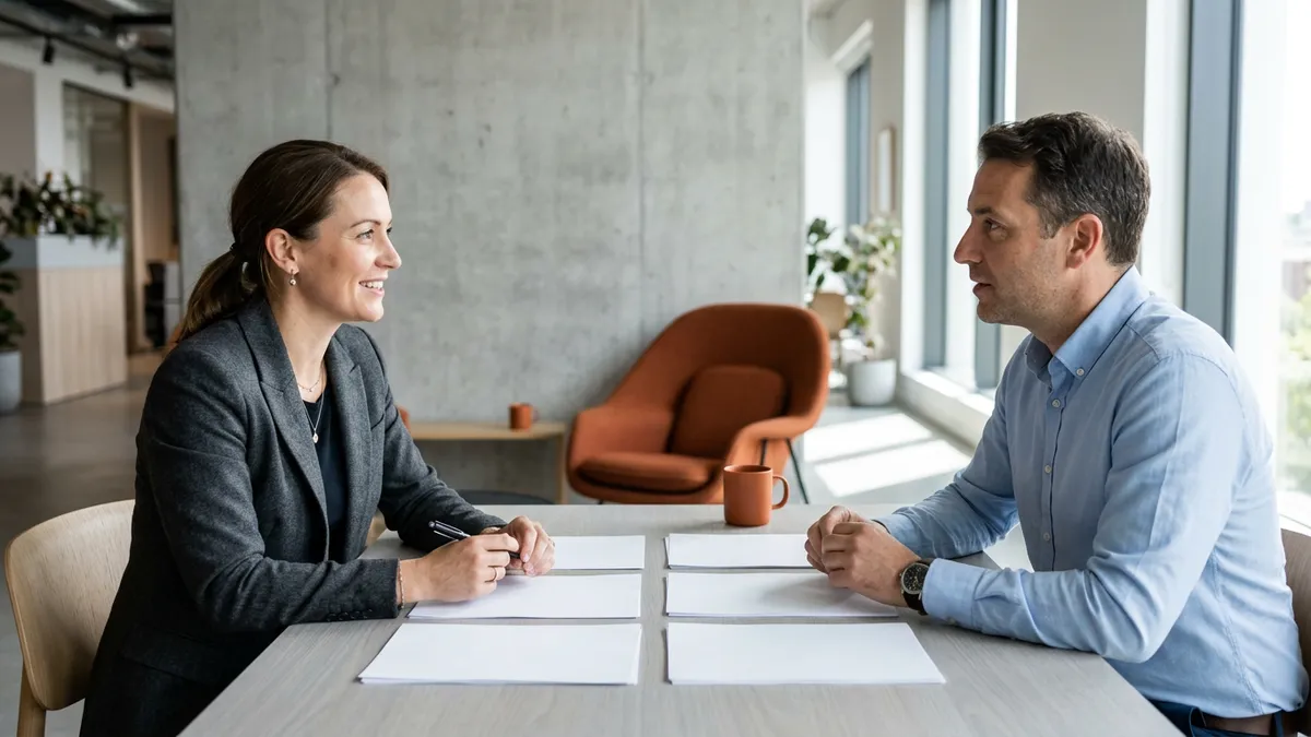 A KORE1 recruiter and an integration lead scoping a Boomi developer search across a table of printed notes