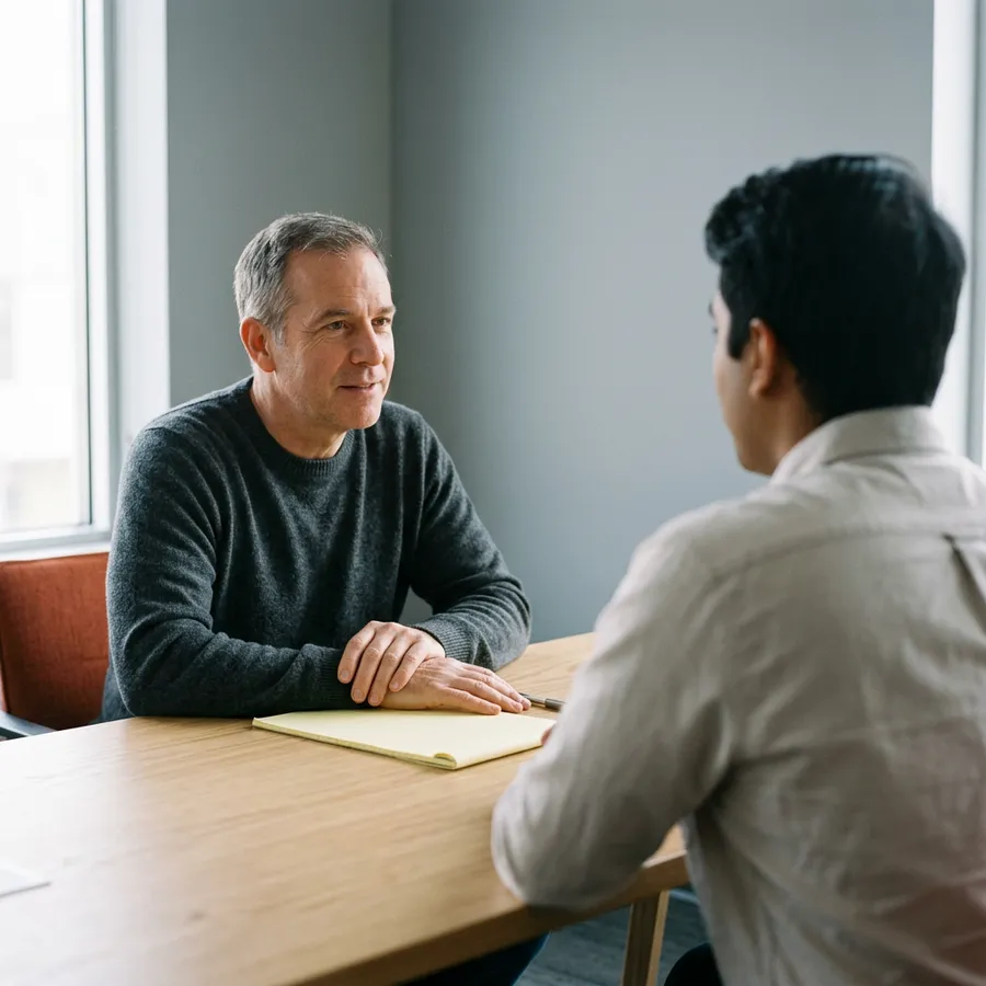 A KORE1 technical recruiter listening to a Boomi developer candidate across a table with a blank legal pad