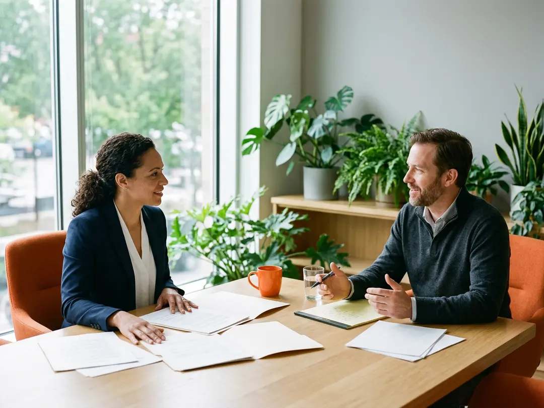 An engineering leader and a finance lead comparing printed three-year build and buy totals across a conference table