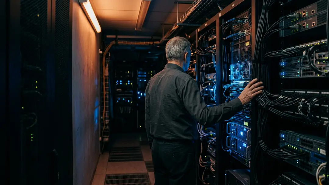 Senior engineer alone in a server aisle at night with a hand on a cable bundle, the maintenance load behind a build vs buy decision