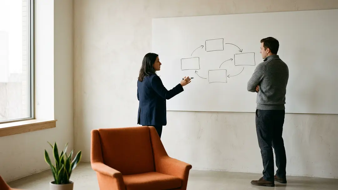Two engineering leaders at a whiteboard sketching a decision loop while weighing a one-way door against a reversible call