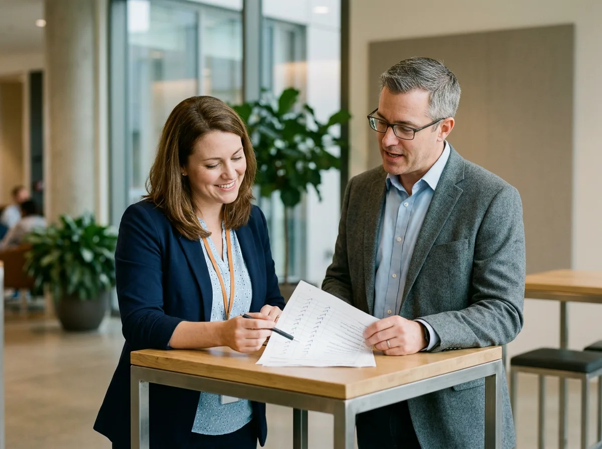 A KORE1 recruiter and a hiring manager scoping a build vs buy advisory engagement against a printed intake checklist
