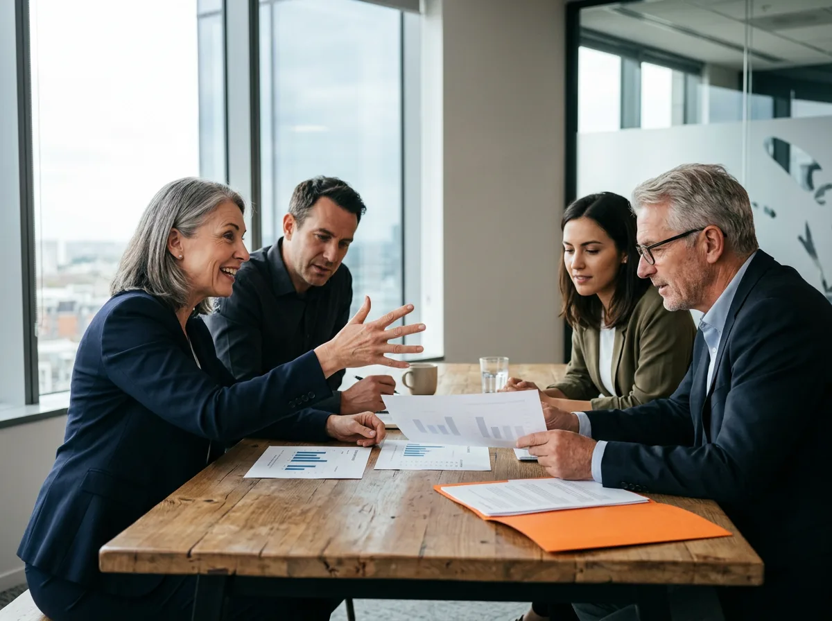 Four stakeholders around a conference table comparing printed build and buy cost sheets during a technology decision meeting