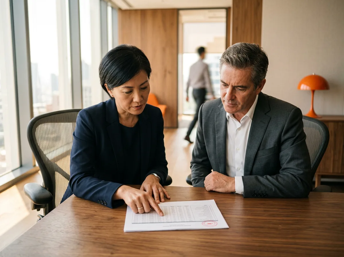 A KORE1 technical advisor and a company executive reviewing a printed build vs buy decision memo across a conference table