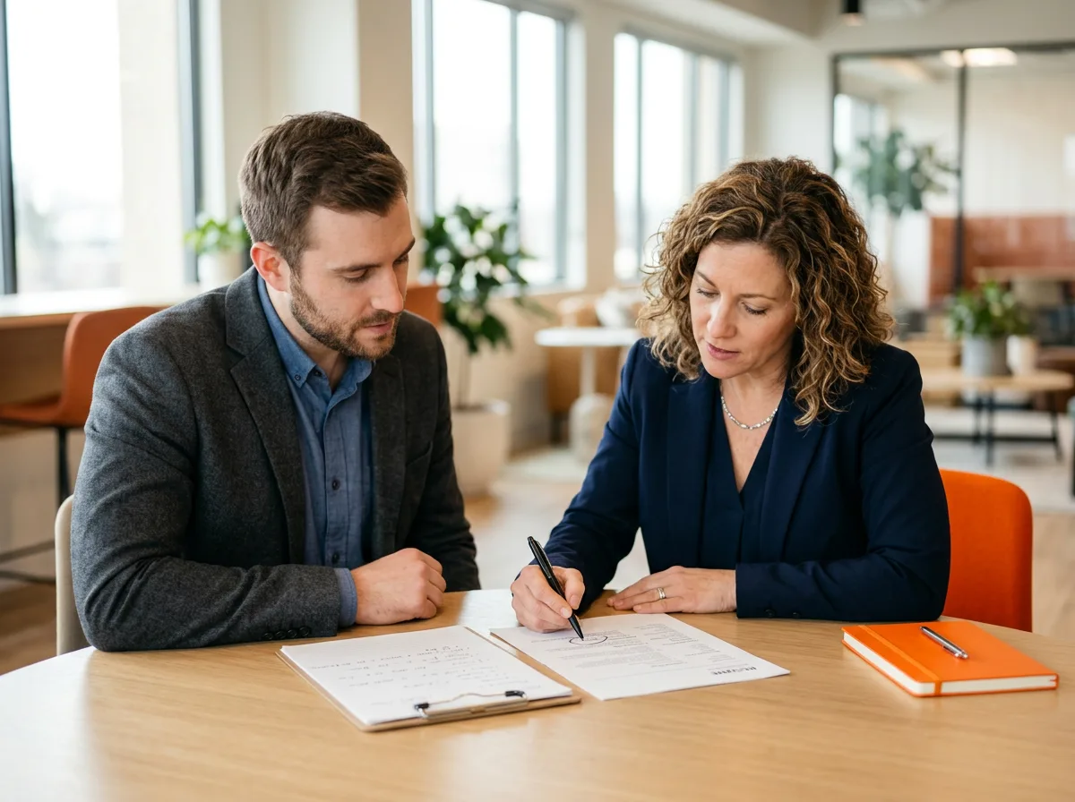 A recruiter and a hiring manager reviewing a candidate's written build vs buy recommendation during a technical screen