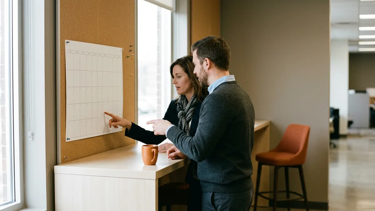 Finance operations manager and a Business Central consultant reviewing a printed release planner pinned to an office board