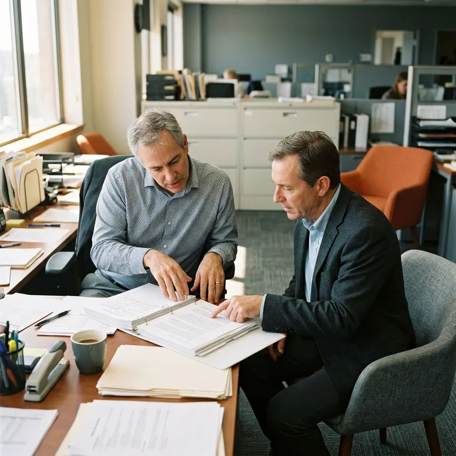 Company controller and an external ERP consultant working through a printed process binder at the controller's desk