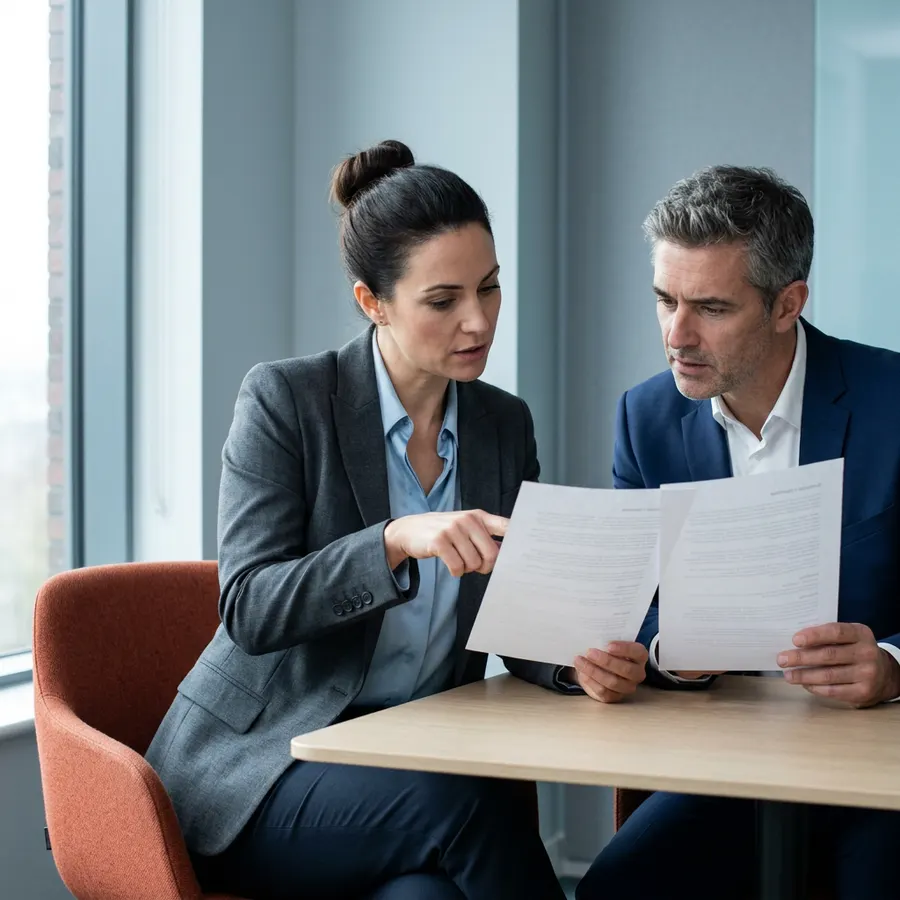 Hiring manager and finance director comparing two printed compensation summary sheets across a meeting table