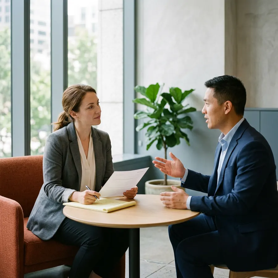KORE1 recruiter interviewing a Business Central consultant candidate with a printed resume and legal pad