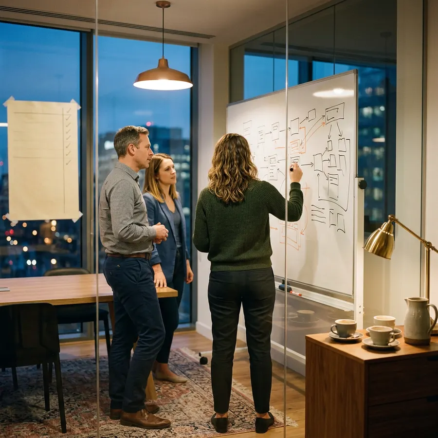 A project team walking a cutover rehearsal checklist at a whiteboard during a systems consolidation