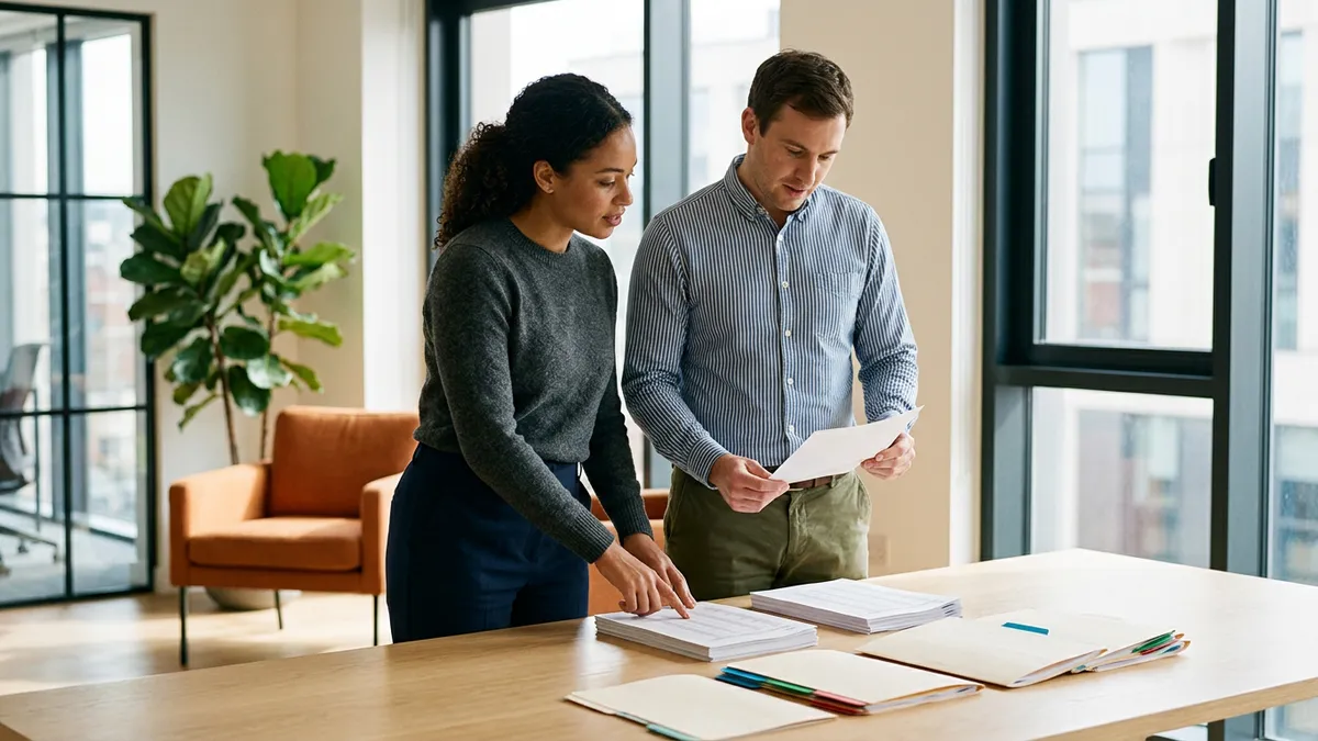 Two colleagues comparing printed record listings from two different business systems across a conference table