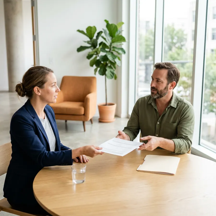 A KORE1 recruiter handing a printed candidate summary to a hiring manager for a systems consolidation role