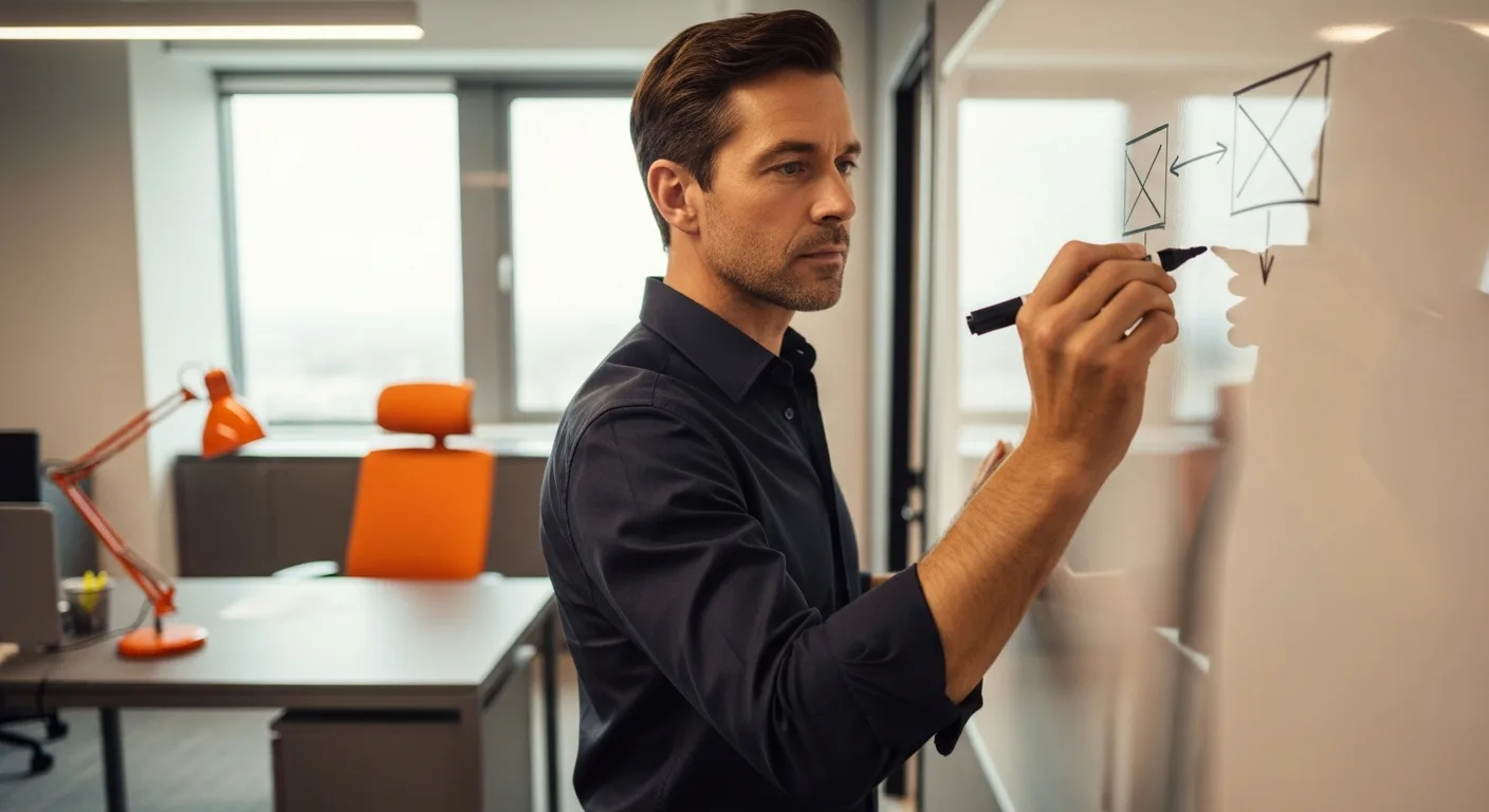 Engineering executive sketching a two-layer architecture diagram for a buy-then-build-on-top AI pattern