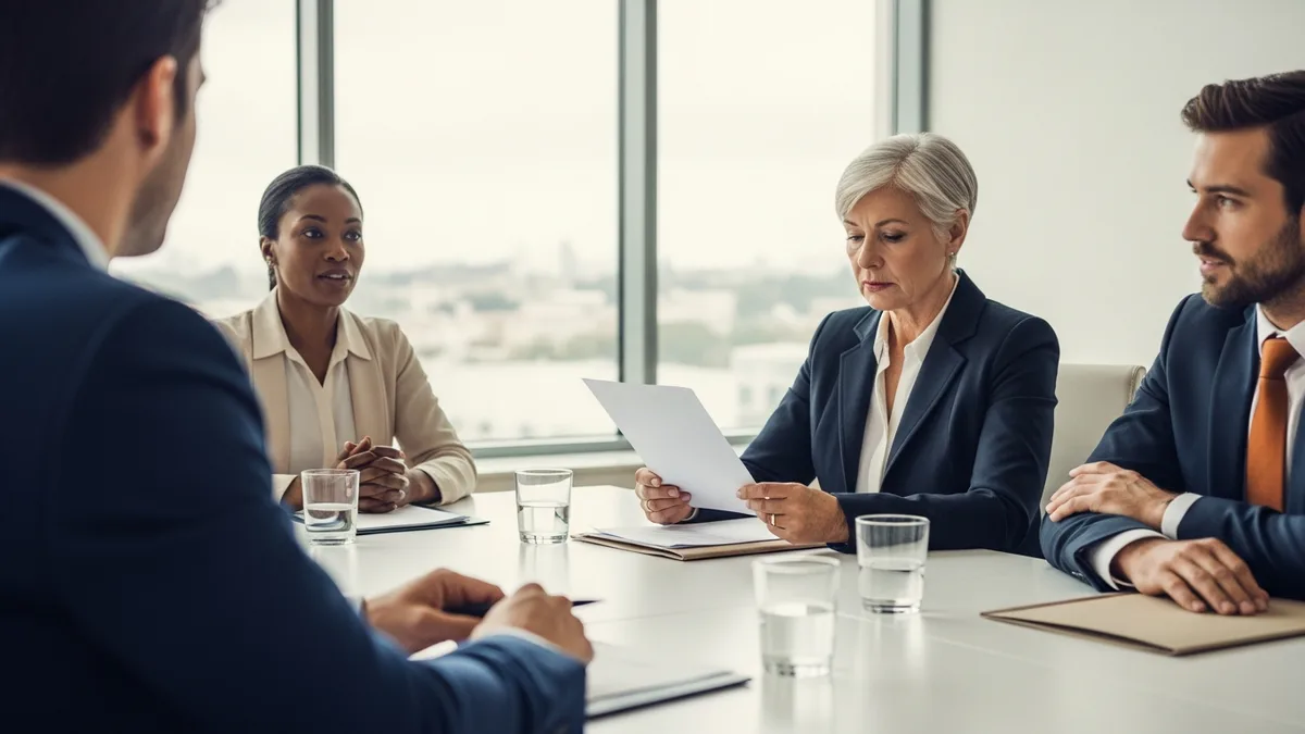 Board directors and compensation committee members reviewing a C-suite executive candidate slate in a conference room