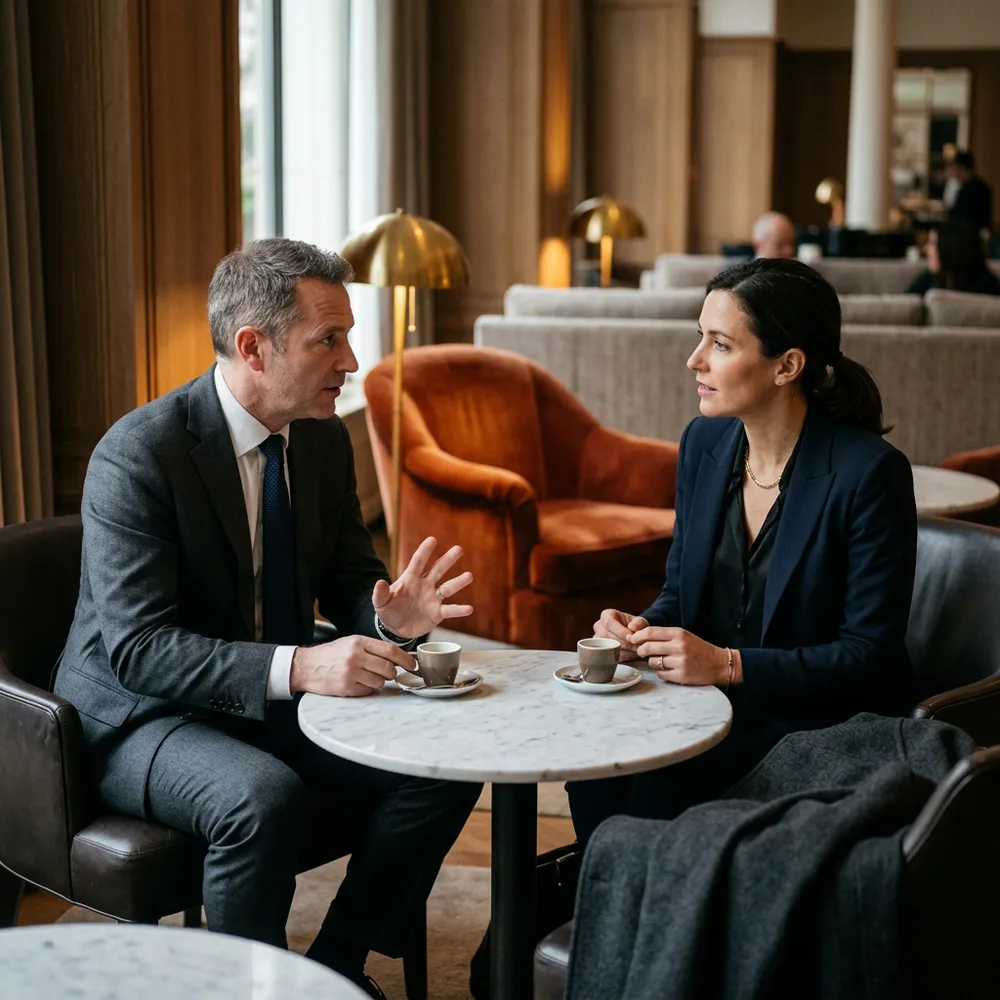 An executive finance recruiter having a private conversation with a sitting chief financial officer in a quiet hotel lounge