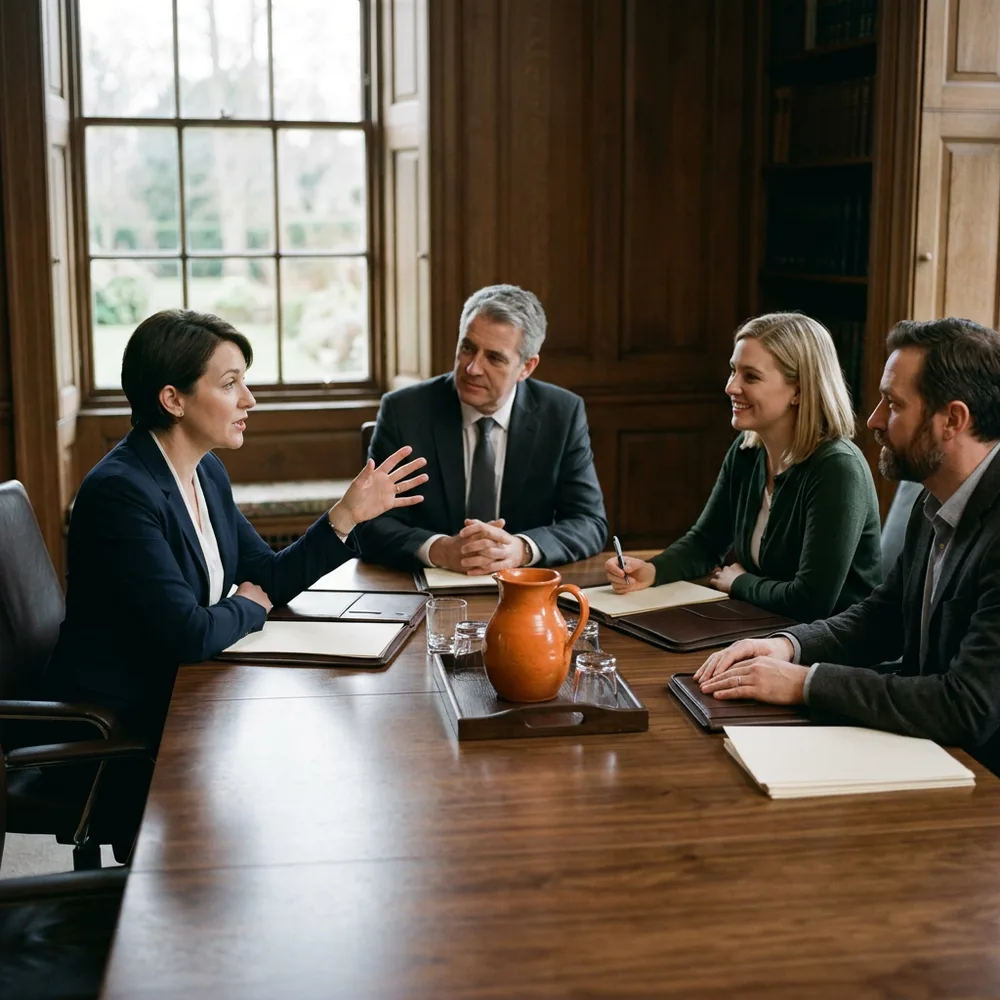 A board and audit committee listening to a search update about a CFO hire in a wood panelled boardroom
