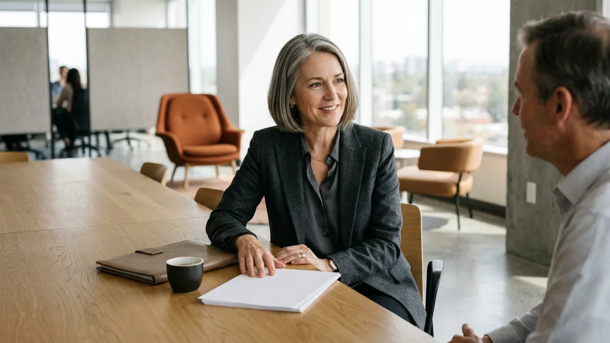 A KORE1 CFO recruiter and a chief financial officer candidate talking across a conference table with printed financial statements between them