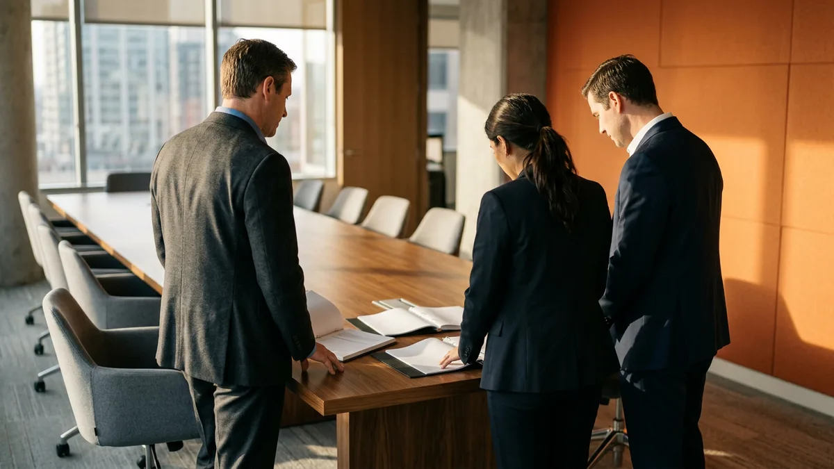 Executive team reviewing three printed executive search firm proposals side by side in a conference room