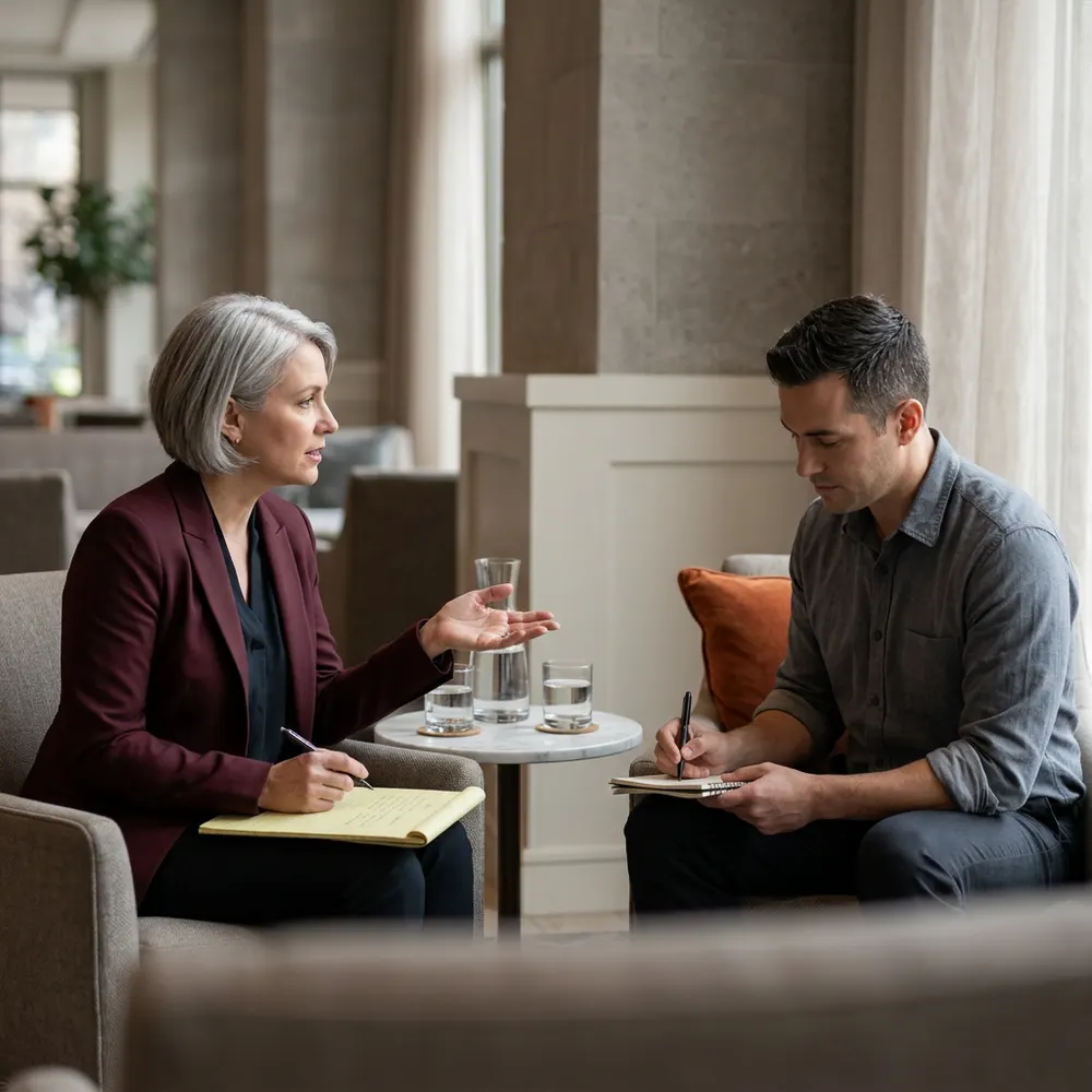 A chief information officer candidate asking questions of a KORE1 recruiter in a quiet lobby lounge