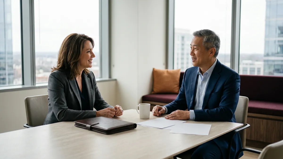 A KORE1 CIO recruiter and a chief information officer candidate talking across a conference table on an executive floor