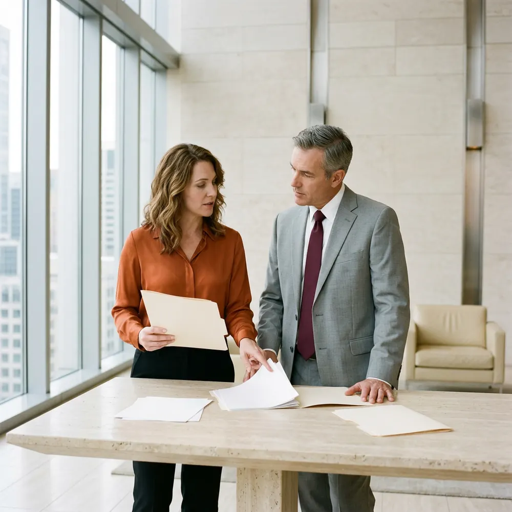 A KORE1 executive recruiter and a company leader reviewing printed CIO search documents at a stone table